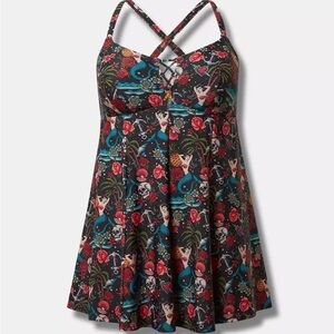 Colorful Patterned Swimdress with Skulls and Flowers
